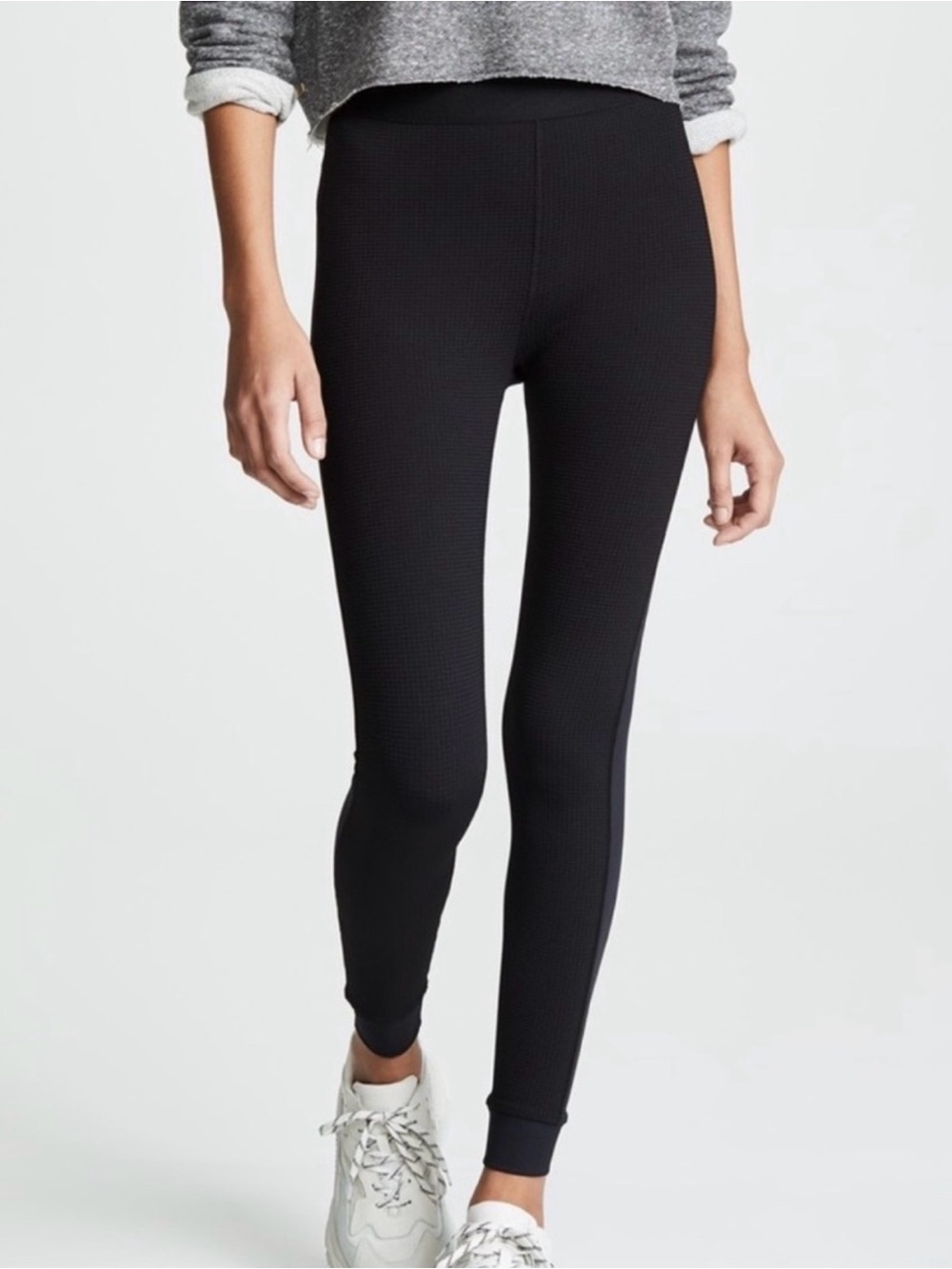 ALALA Thermal Tights Textured Knit Waffle Leggings Pants Ankle Cropped Black